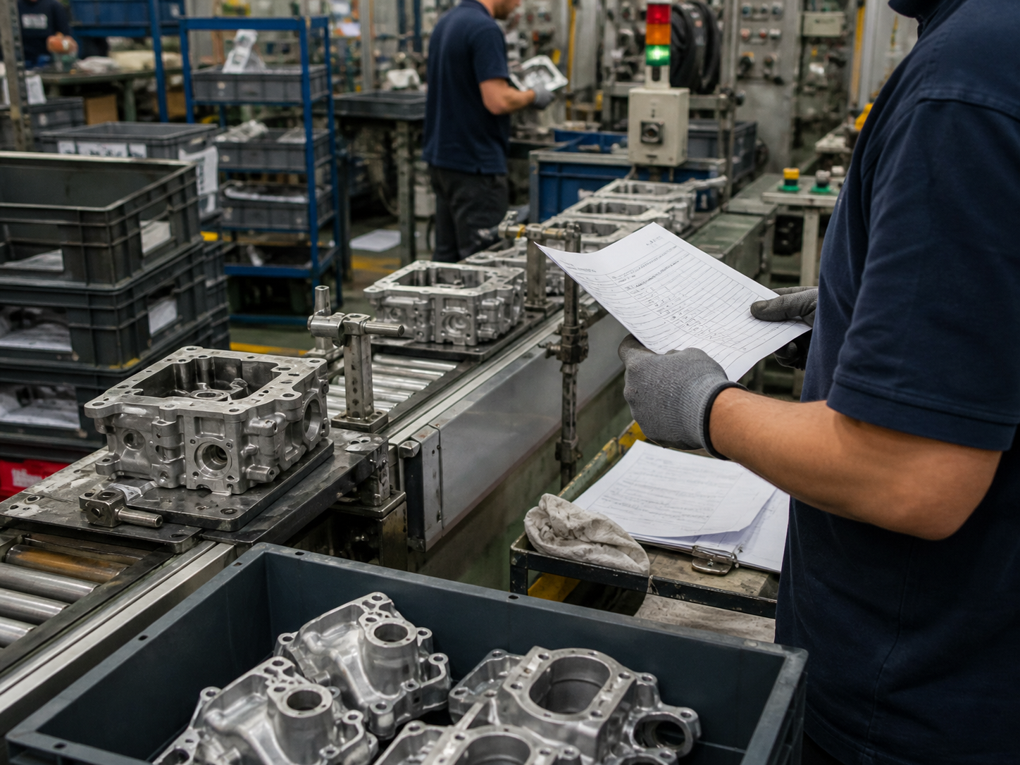 Manual manufacturing process with paperwork and parts waiting on a production line