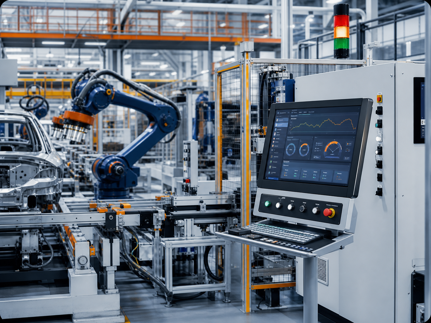 Industrial automation line with robotic arm, PLC controls, and HMI dashboard