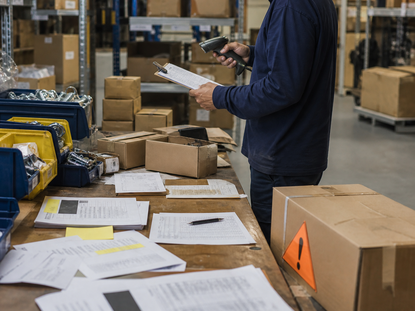 Manual inventory counting with paperwork and scanner before barcode tracking integration