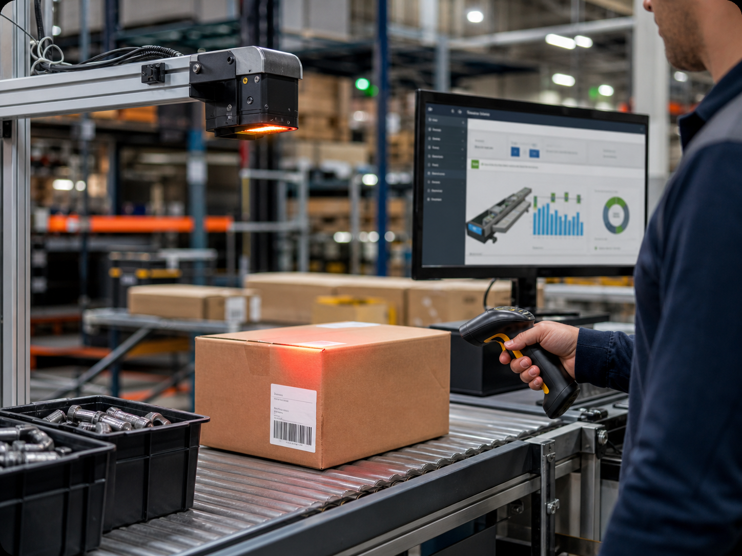 Barcode tracking system scanning labeled packages on a conveyor with inventory dashboard