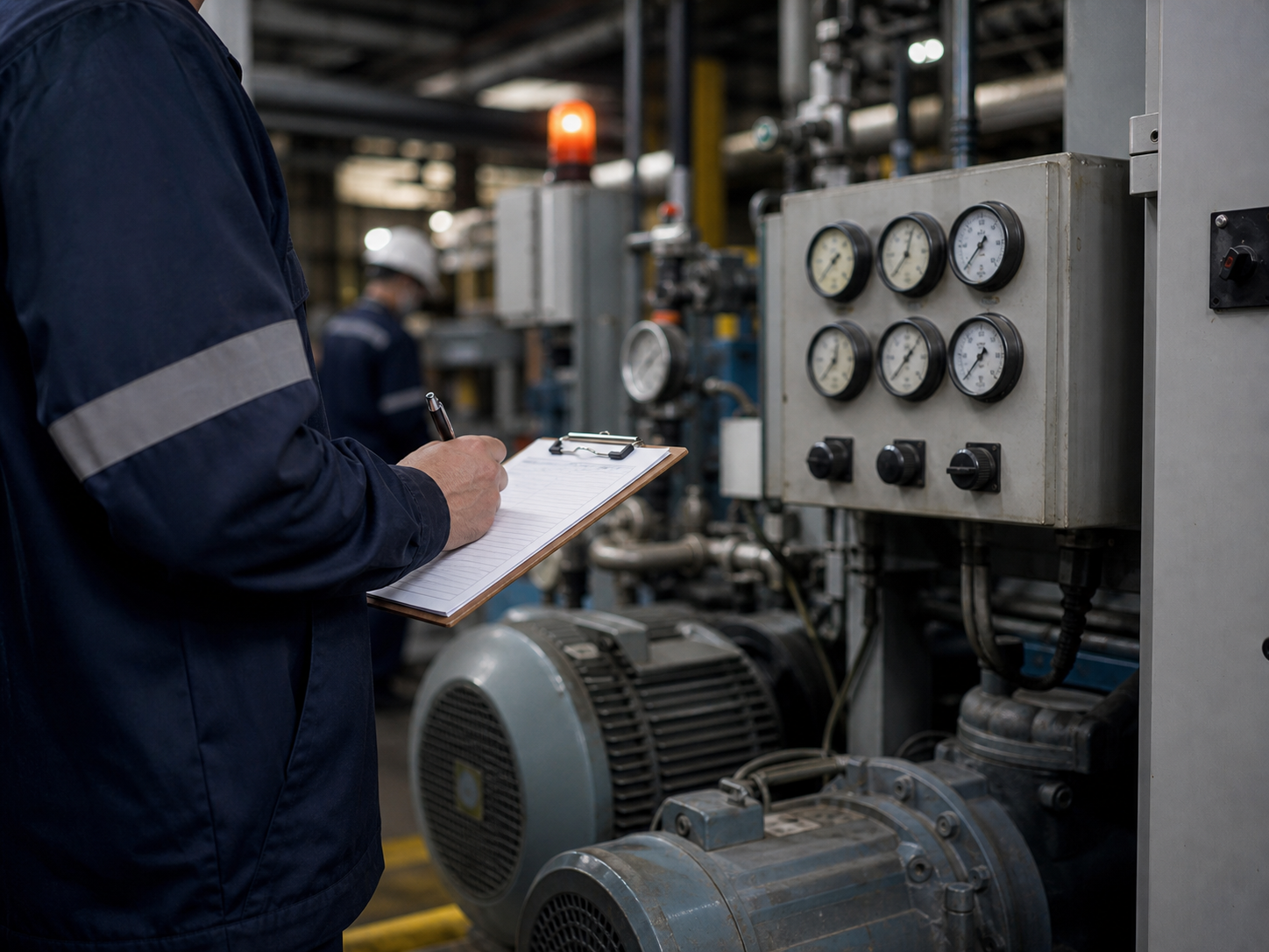 Technician manually checking analog gauges on industrial equipment without IoT monitoring