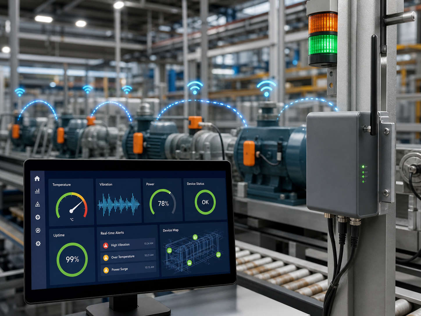 Industrial IoT monitoring system with connected sensors, gateway, and live dashboard