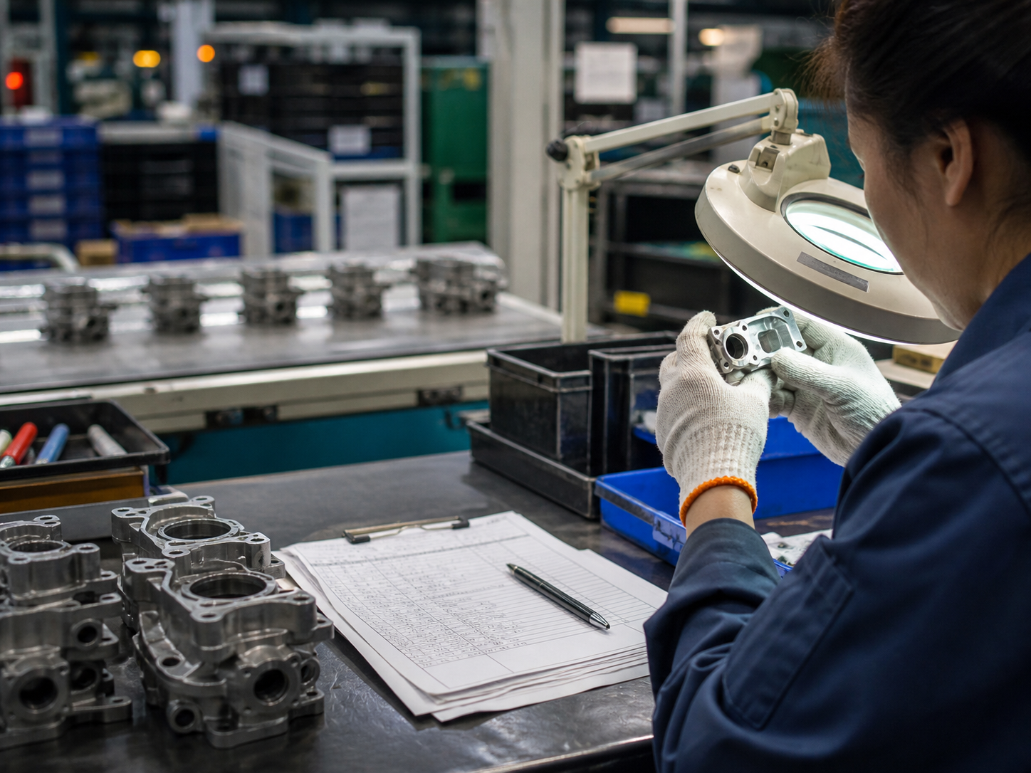 Manual inspection of automotive parts under a magnifier with inspection paperwork