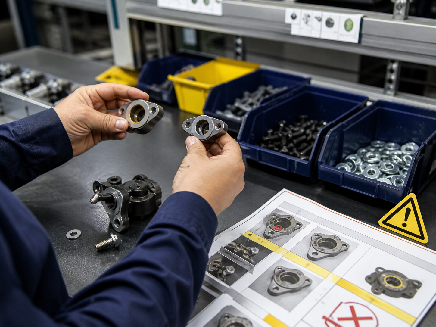 Manual assembly bench showing similar parts and wrong-part risk before error proofing