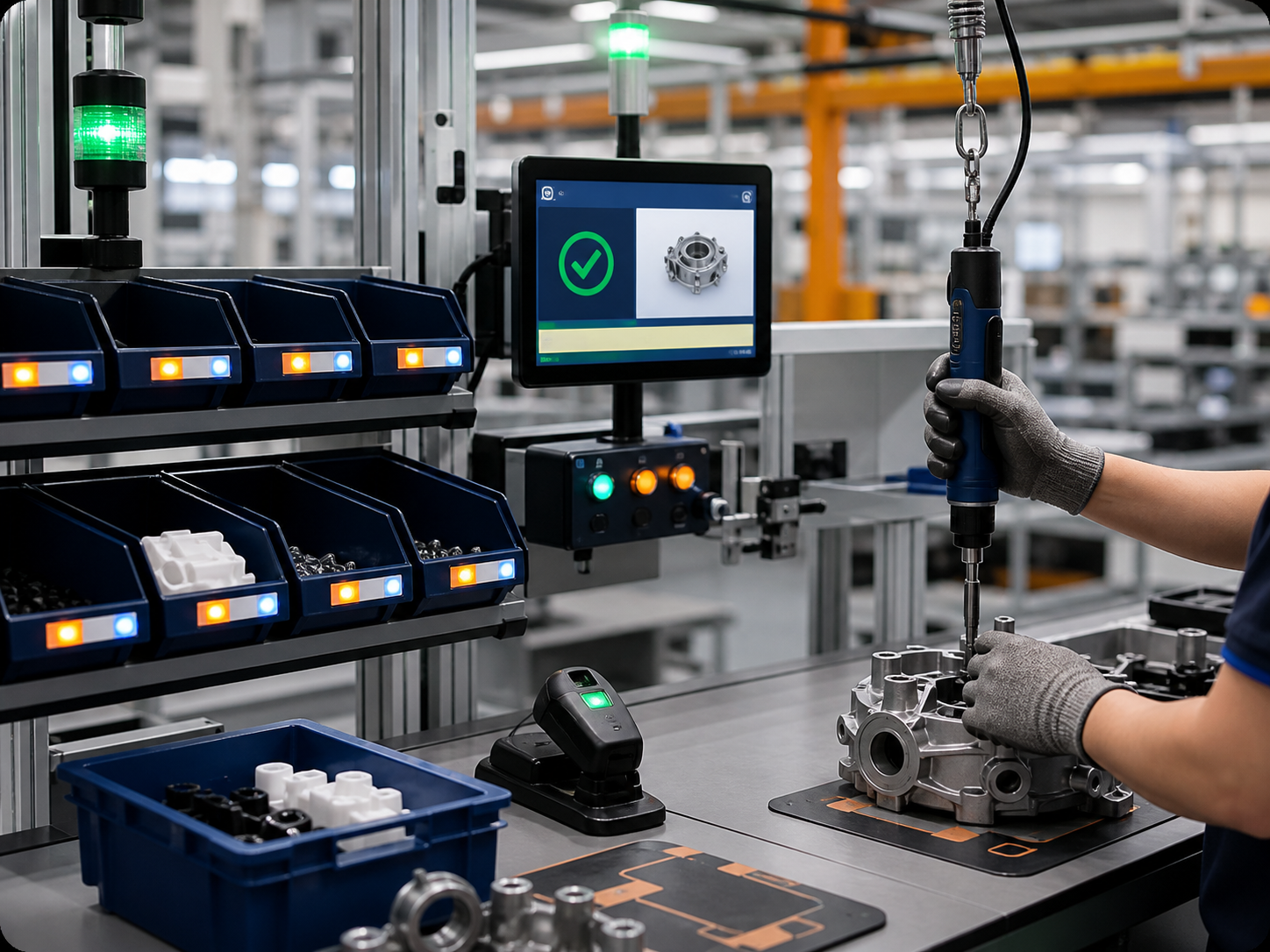 Poka-Yoke assembly station with pick-to-light bins, torque tool, and validation screen