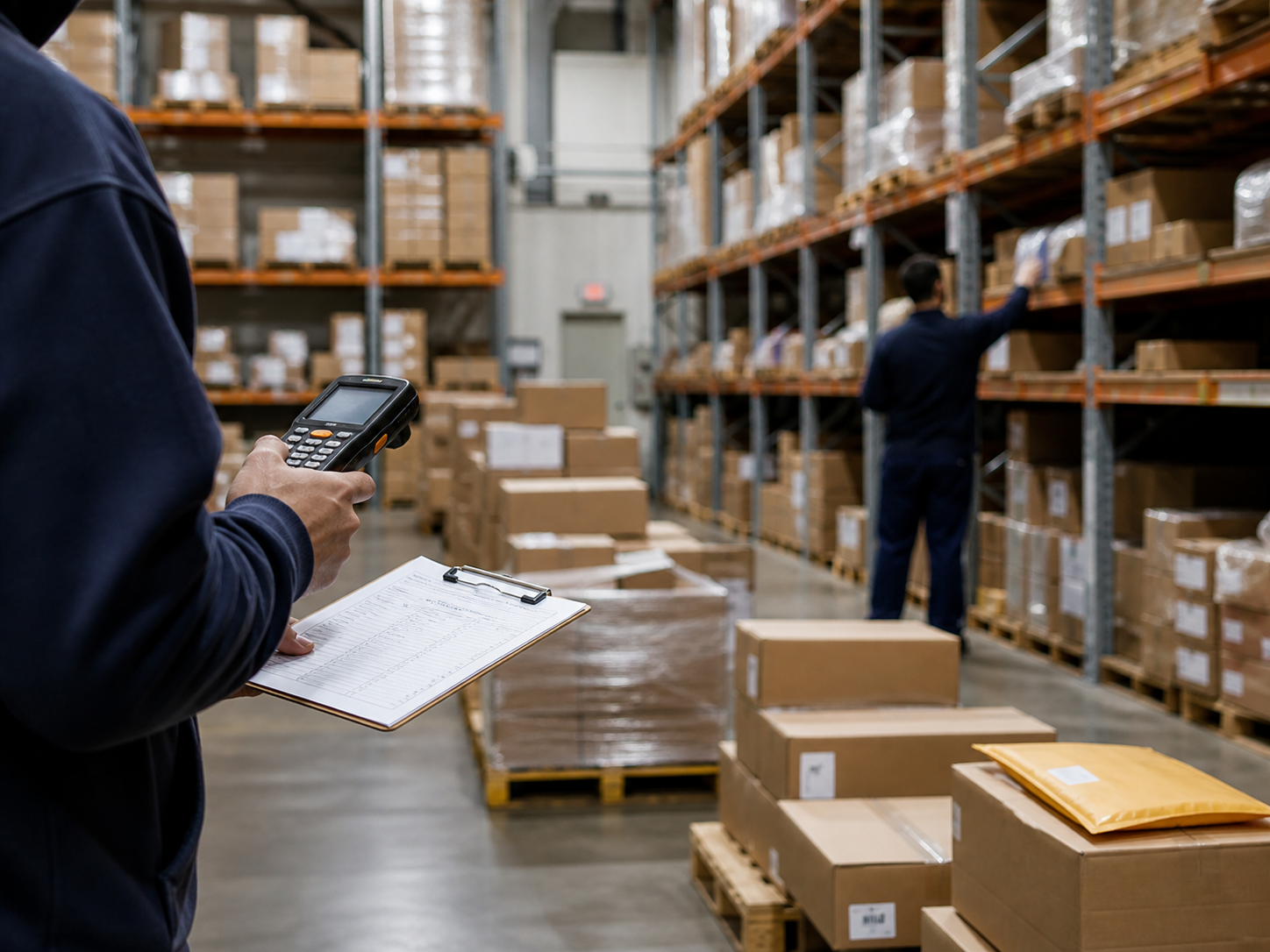 Warehouse worker manually scanning boxes and searching inventory before RFID tracking