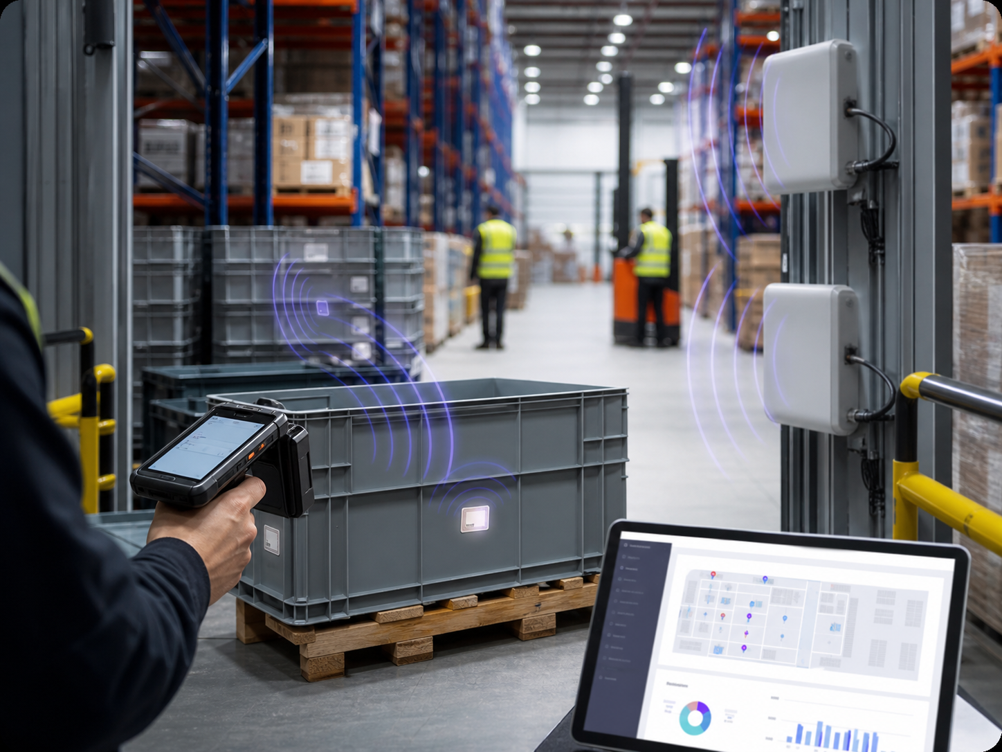 RFID tracking system with warehouse antennas, handheld reader, tagged bins, and asset dashboard