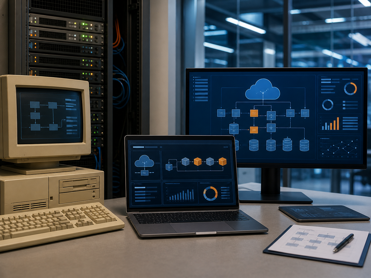 Legacy workstation beside modern cloud migration dashboards and server infrastructure