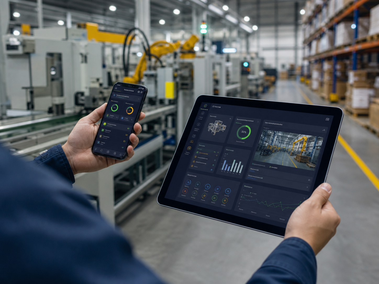 Industrial mobile app and tablet dashboard used for factory monitoring