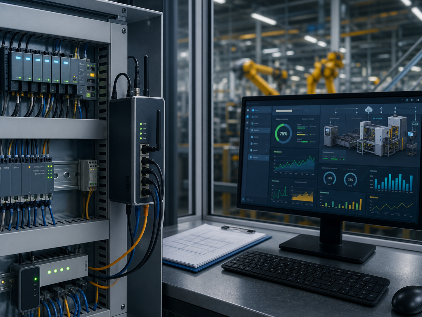 PLC cabinet connected to an edge gateway and live industrial dashboard