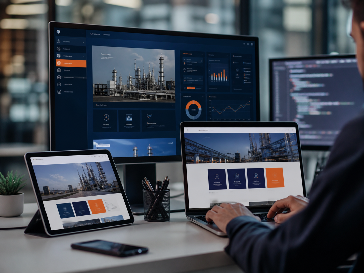 Responsive industrial website and dashboard development across desktop, laptop, and tablet