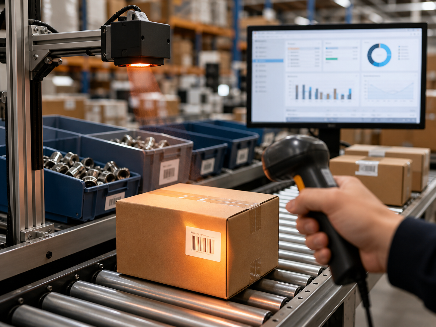 Industrial barcode scanning station tracking packaged products