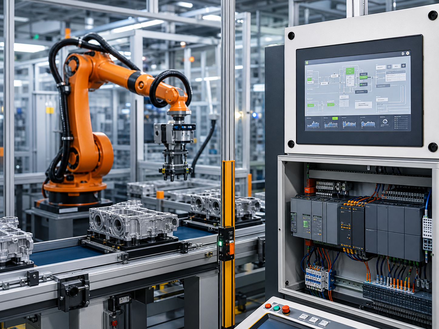 Industrial automation control panel operating a manufacturing line
