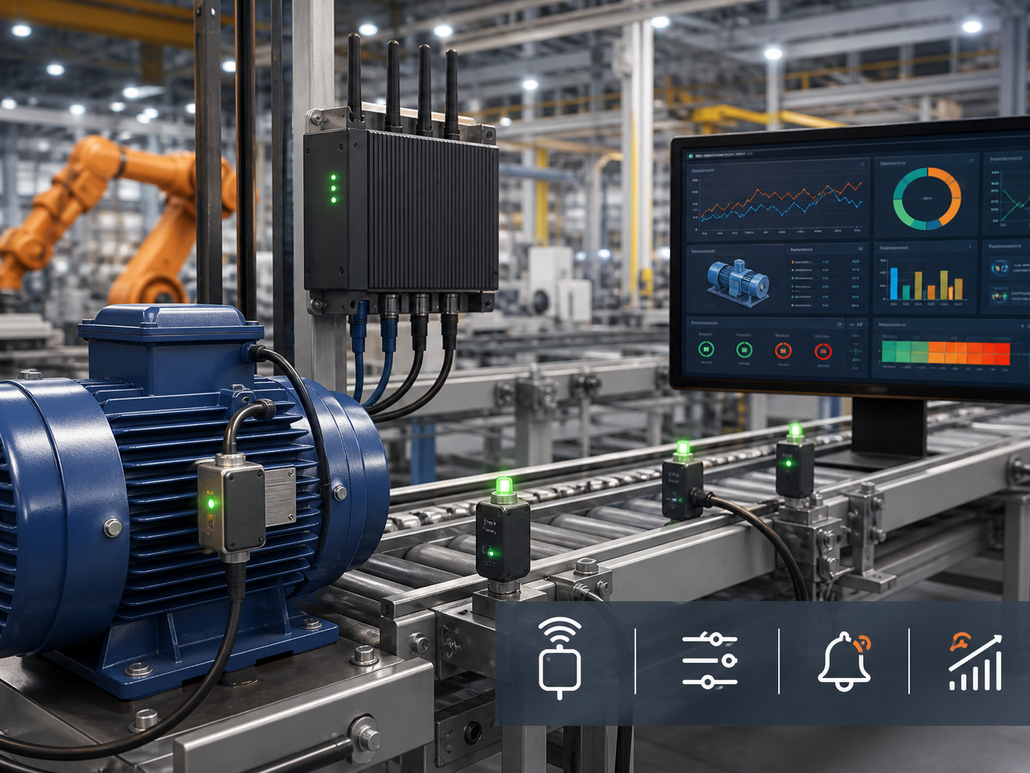 IoT monitoring dashboard connected to industrial sensors and equipment