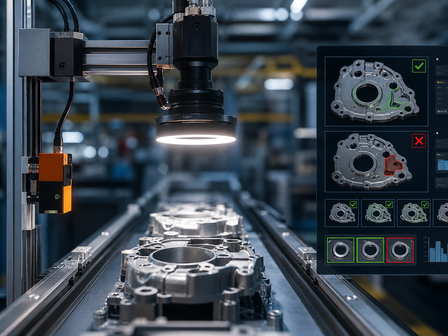 AI vision inspection camera scanning parts on a manufacturing line