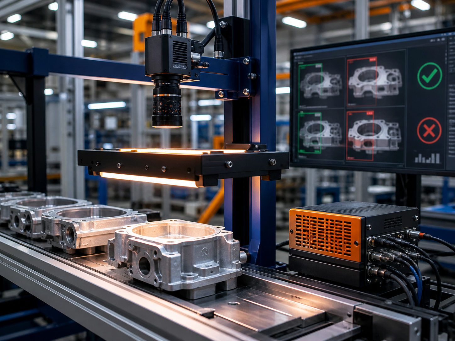AI vision inspection camera scanning automotive parts on a production line